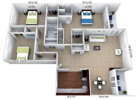 Floor plan for 3 beds, 2 baths, 1213 sqft